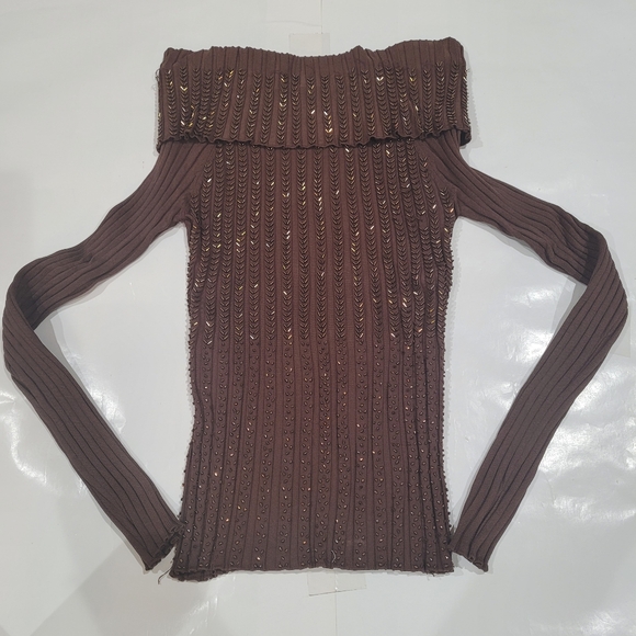 Cache Sweaters - vintage beaded cache brown off the shoulder top with gold shimmery studs
